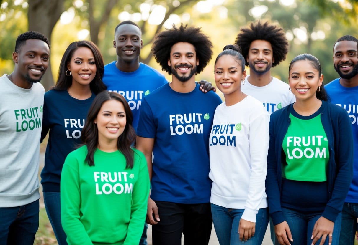 A group of diverse individuals wearing Fruit of the Loom clothing smiling and appearing comfortable and stylish