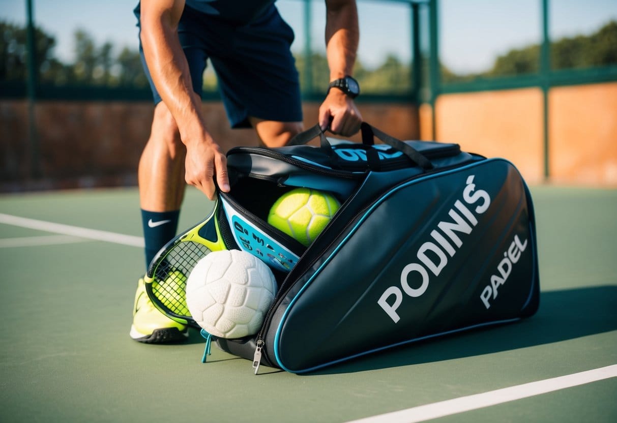 A player lyner en elegant sportstaske op og afslører omhyggeligt organiseret padel tennisudstyr